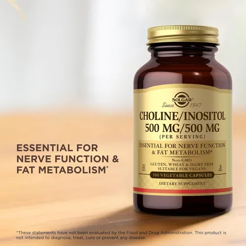 Vista 5 de Solgar Colina/Inositol 500 mg/500 mg, 100 cápsulas vegetales (paquete de 2) – Metabolismo energético, salud hepática, esencial para la función
