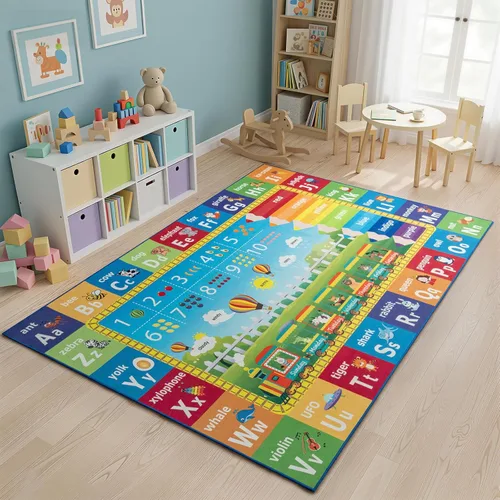 Vista 13 de ST. BRIDGE Alfombra Educativa para Niños para Sala de Juegos 3x5 Pies, Alfombra de Juego Antideslizante con Alfabeto ABC, Números y Animales