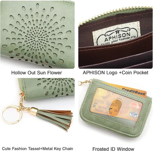 Vista 4 de APHISON RFID - Porta tarjeta de crédito con cremallera carteras pequeñas para mujer en cuero estilo girasol para mujer y niña caja de regalo 1927
