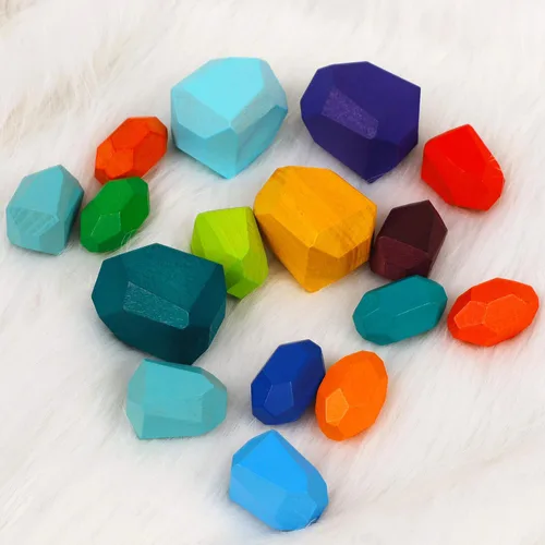 Vista 4 de Cllayees 16 piezas de bloques apilables de madera, rocas de construcción, piedras de madera maciza de colores, juegos educativos preescolares