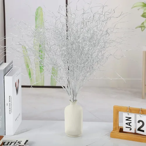 Vista 2 de Firlar Ramo de boda de 5 piezas de ramas rizadas plateadas, con purpurina de 21 pulgadas, ramo de flores artificiales para ramo de novia, decoración