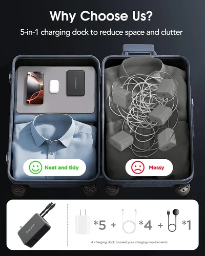 Vista 8 de 65W para cargador MacBook Pro, enchufe de pared retráctil de 5 en 1 para iPhone 17, cable PD USB C de 1,2 m de doble longitud y 3 puertos, bloque
