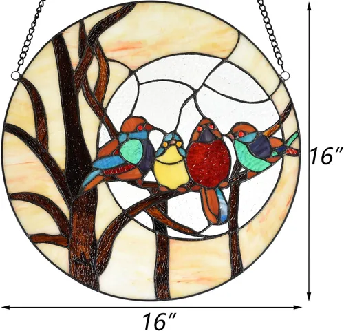 Vista 6 de Bieye W10045 Birds Sitting on The Bare Tree Branch Again Full Moon Tiffany Style Vidrieras Colgantes con cadena, forma redonda de 16 pulgadas