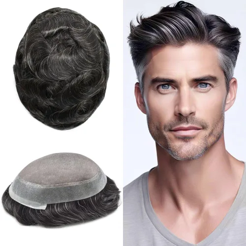 Vista 76 de Toupee para hombres Piezas de pelo fino mono para hombre Toupee sistema de reemplazo de pelo para hombres línea capilar natural para hombre postizo