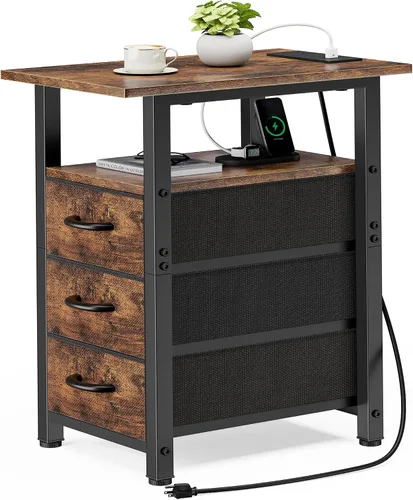 Vista 10 de Vagusicc Mesita de noche negra con estación de carga y luces LED, mesa auxiliar estrecha, mesita de noche LED con 3 cajones de tela para dormitorio