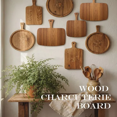 Vista 5 de Nuenen Tabla de cortar de madera con mango de 12 x 11 x 0.47 pulgadas, tablas de cortar de madera de bambú de acacia para cocina, pizza, pan, queso