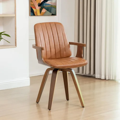 Vista 17 de WUPOTO Juego de 1 silla de comedor giratoria, silla de comedor moderna de mediados de siglo con artesanía de nogal, piel sintética tapizada, brazos