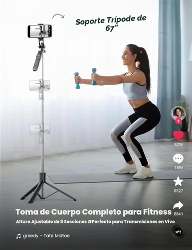 Vista 2 de Trípode para selfie stick de 67 pulgadas con luz, soporte de teléfono básico para iPhone y Samsung, trípode extensible todo en uno con control