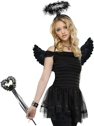 Vista 8 de Kuscul Juego de alas de ángel y halo, alas de diablo de plumas, alas de hada y varita para adultos, disfraz de Halloween, fiesta de cosplay
