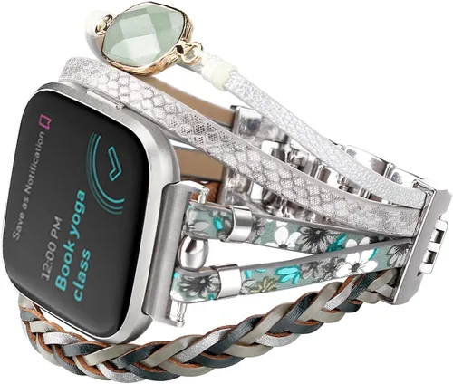 Vista 10 de Pulsera de cuero bohemia compatible con Fitbit Versa 4/Versa 3/Sense/Sense 2 bandas para mujeres y hombres, joyería hecha a mano, correa multicapa
