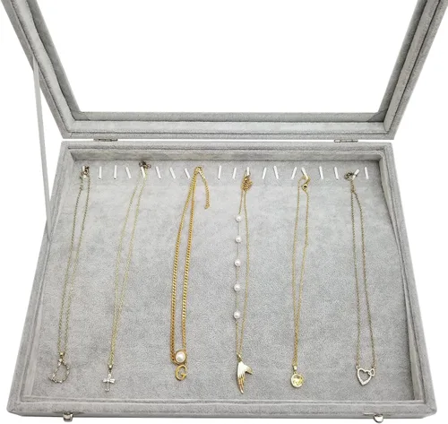 Vista 3 de Caja organizadora de collares de terciopelo para mujer, 20 ganchos para almacenamiento de collares con tapa transparente (gris)