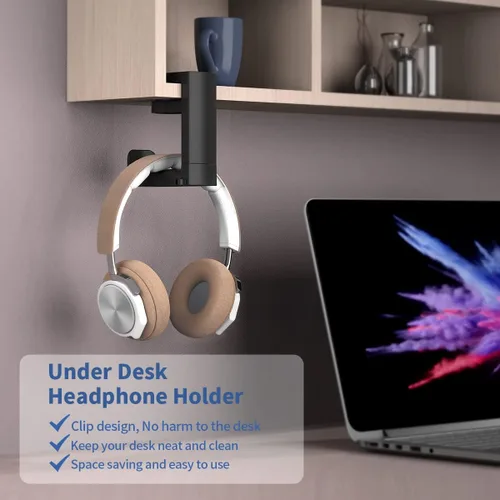 Vista 2 de KIWIFOTOS Soporte para auriculares para juegos de PC para debajo del escritorio, soporte para auriculares + soporte para auriculares con soporte