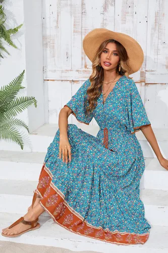 Vista 5 de R.Vivimos Vestido por debajo de la rodilla, para mujer, manga corta, de algodón, con cuello en V, diseño floral y estilo informalbohemio