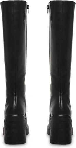 Vista 4 de SOVANYOU Botas de cuero negro con plataforma para mujer, botas de tacón grueso con punta cuadrada