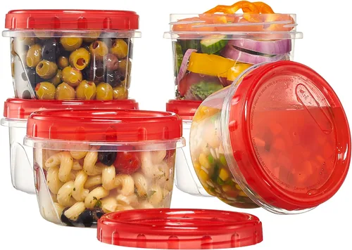 Vista 13 de PLASTICPRO Paquete de 6 recipientes de almacenamiento de alimentos con tapa giratoria con rosca roja, recipientes reutilizables de 4 onzas