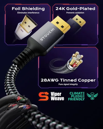 Vista 5 de Stouchi - Cable DisplayPort 2.1 de 13 pies con certificación VESA de 80 Gbps UHBR20 DP 16K 8K @240Hz 4K @360Hz FreeSync G-Sync DSC 1.2a Gris