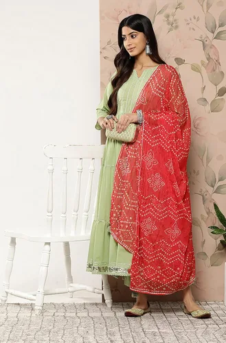 Vista 3 de Janasya Kurta indio de algodón verde pastel para mujer con pantalón y dupatta