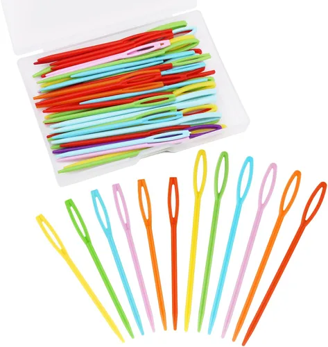 Vista 8 de LUNARM 50 piezas de agujas de coser de plástico, agujas de hilo de plástico de ojo grande con caja, agujas de plástico de 7 cm/2.76 pulgadas