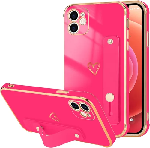 Vista 75 de LLZ.COQUE Funda compatible con iPhone 12 para mujeres y niñas, parachoques chapado de lujo con bonito diseño de corazón de amor, soporte de correa