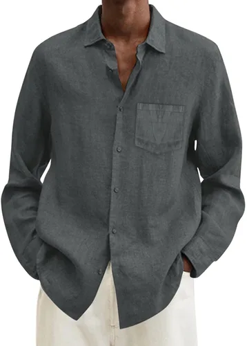 Vista 7 de Camisa de algodón y lino para hombre, talla grande, ajuste holgado, manga larga, cuello abatible, casual, tops de verano