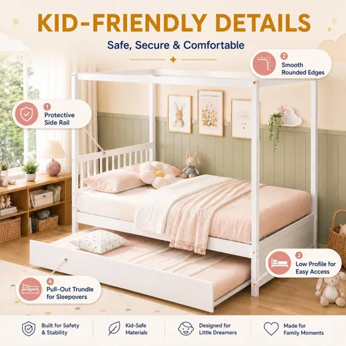 Vista 6 de NAFORT Cama con dosel de tamaño matrimonial con nido, marco de madera maciza para niños y adolescentes, soporte resistente de 600 libras, cama