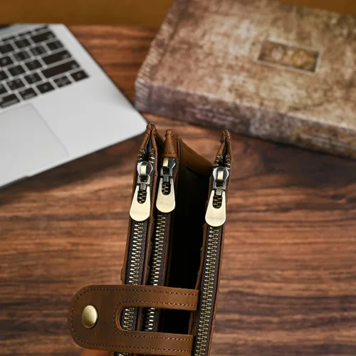 Vista 34 de Genuino Caballo Loco Cuero Regalo de Viaje Moneda Bolsillo Tarjetero Organizador Largo Cadena Rfid Cartera Monedero Con Broche Para Hombres Hombres