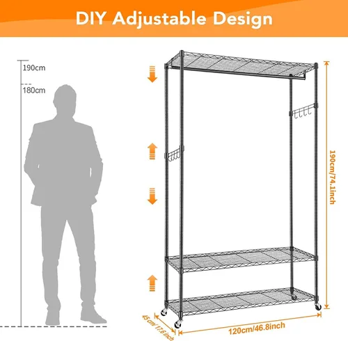 Vista 6 de Himimi Perchero resistente de 3 niveles con ruedas, estante de alambre ajustable con barra para colgar, 4 ganchos laterales, estante de Gris