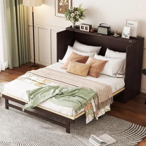 Vista 4 de Cama Murphy de tamaño queen, cama de madera de pino con decoración y cajón de ratán, color espresso