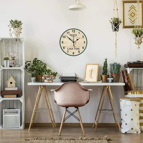 Vista 6 de Reloj de pared de madera de 10 pulgadas Relax You're on Lake Time con pato, funciona con pilas y manecillas de metal, reloj de pared