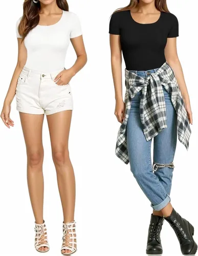 Vista 4 de MANGOPOP - Bodysuits de manga larga y manga corta con cuello redondo para mujer, prenda básica
