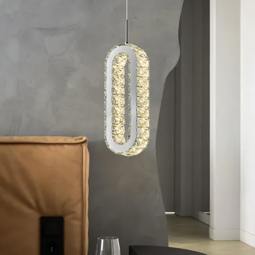 Vista 4 de Iluminación colgante para isla de cocina LED moderna cromada, mini candelabros ovalados de cristal para dormitorio, sala de estar, baño, comedor