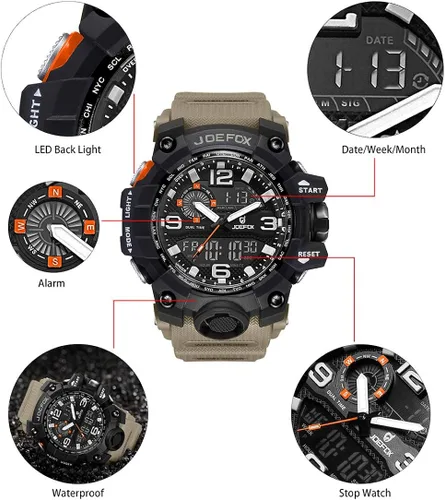 Vista 3 de JOEFOX Digital Men Wrist Watch, Military Tactical Waterproof Analog Quartz Watches for Men, Large Face Dual Display LED Watch, Sports Watches for