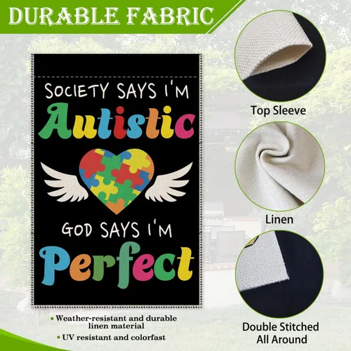 Vista 4 de Hafhue Society Says I'm Autistic God Says I'm Puzzle - Bandera de jardín para exteriores, decoración de casa de campo, Hope Education I Love