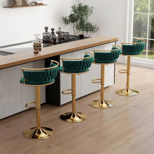 Vista 18 de Juego de 2 taburetes de bar giratorios de 360°, silla de bar de terciopelo ajustable a altura de mostrador moderna, taburete de metal plateado