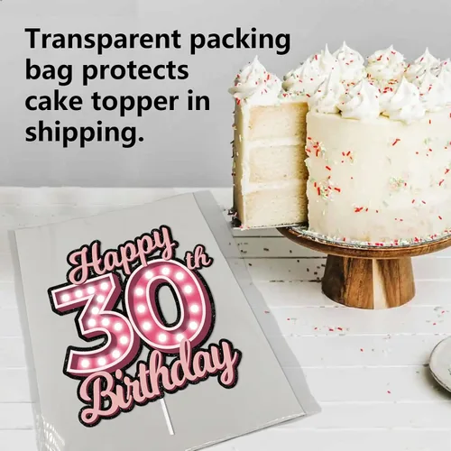 Vista 4 de Decoración para pastel de cumpleaños 30 con purpurina rosa Let's Glow Crazy Party Theme Decor Supplies Men Women Happy Birthday 30 Anniversary Party