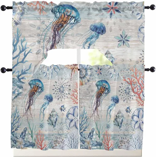Vista 10 de Cortinas de cocina con cenefa de pulpo costero, con bolsillo para barra, paneles de cortina para dormitorio, sala de estar, baño, cafetería
