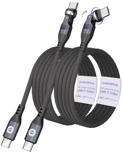Vista 17 de Cable USB C a C de 3.3 ft, negro, rotación 540, 240 W, PD, carga rápida, transferencia de datos de 480 Mbps, cable de carga tipo C con chip