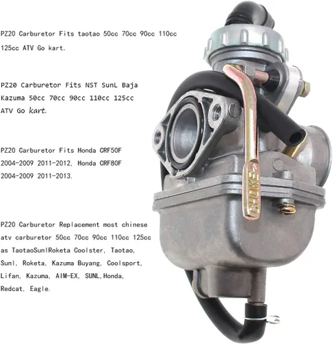 Vista 5 de Carburador PZ20 para 125cc 110cc 90cc 70cc 50cc TAOTAO ATV Dirt Bike Kazuma Baja Quad Go Kart NST SunL CRF50F XL75 CRF80F XR50R motor de 4 tiempos
