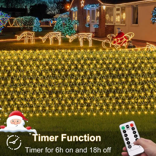 Vista 3 de DBFAIRY Luces de Red de Navidad de 5 x 5 Pies que Funcionan con Batería 100 LED Luces de Red para Arbustos con Control Remoto Temporizador Regulable