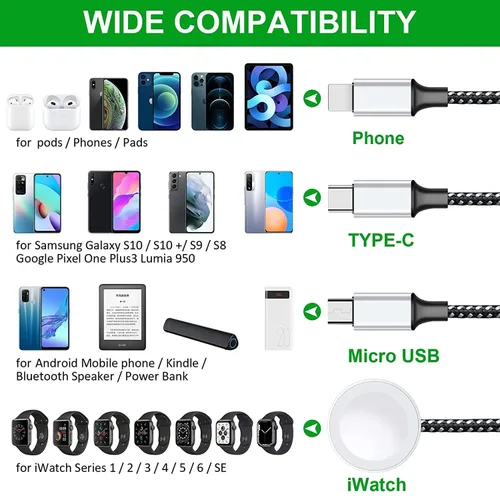 Vista 7 de TOP-UP Cable de carga múltiple para cargador de Apple Watch (6 pies), cable trenzado 4 en 1 para múltiples dispositivos, USB C/Micro/Multi cargador