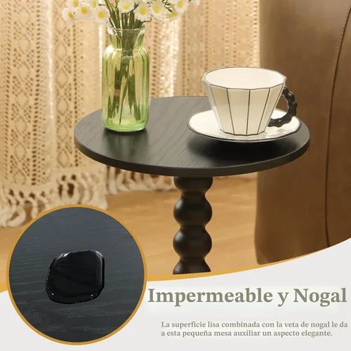 Vista 6 de Fultyle Mesa auxiliar redonda, mesa pequeña para bebidas para espacios pequeños, mesa auxiliar moderna con patas de madera maciza para sala de Negro