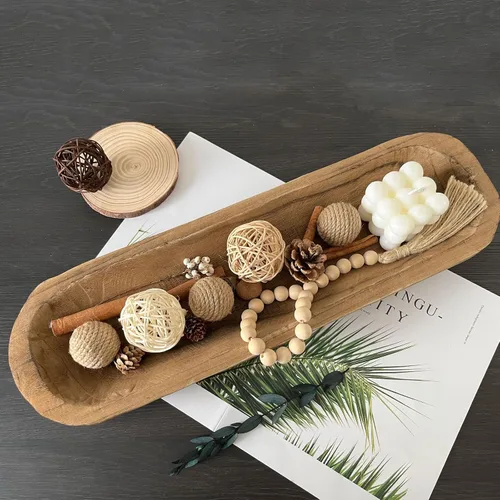 Vista 5 de Cuencos de masa de madera decorativos, cuencos largos rústicos para decoración de pan, bandeja de madera, tallados a mano para decoración de centro