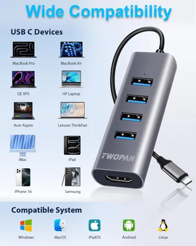 Vista 5 de TWOPAN Hub USB-C con HDMI 4K, 4 puertos USB 3.0, transferencia de datos de 5 Gbps - Adaptador de aluminio ultracompacto para MacBook, iPad Pro, XPS