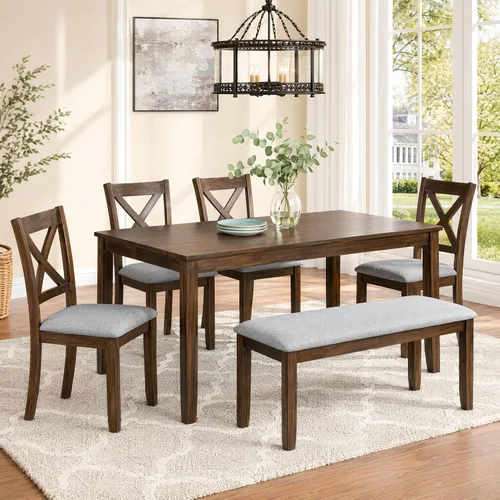 Vista 34 de Juego de mesa de comedor de 6 piezas con banco y 4 sillas Negro Beige-1