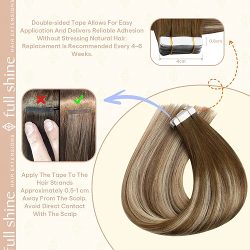 Vista 86 de Full Shine - Extensiones de cabello humano con cinta, mezcla de rubio hongo # 8 castaño ceniza resaltado 60 rubio ceniza