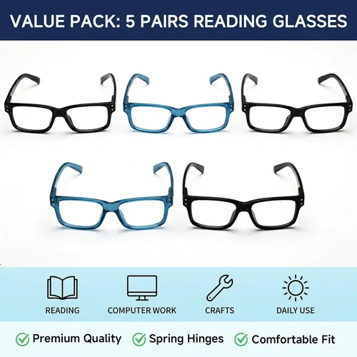 Vista 3 de Eyekepper Gafas de Lectura Vintage para Hombre - 3 Pares Negros y 2 Pares Azules - Gafas Clásicas con Bisagra de Resorte +0.00 3 negro 2 azul