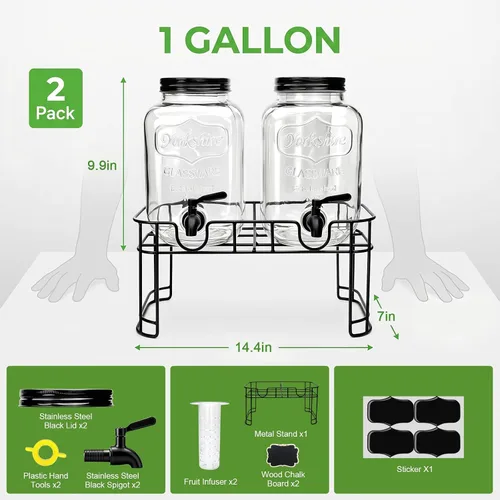 Vista 2 de Accguan Dispensador de bebidas de 1 galón, dispensador de agua de vidrio con tapa de lata negra y grifo de acero inoxidable negro, marco de hierro
