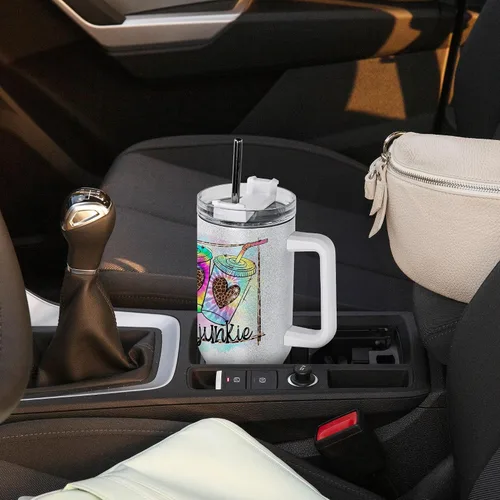 Vista 6 de AGH Paquete de 4 vasos de sublimación blancos con purpurina de 40 onzas con popote y tapa de acero inoxidable, vasos aislados al vacío de doble