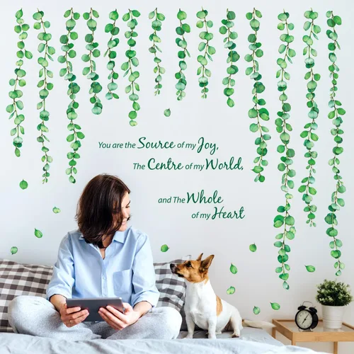 Vista 2 de DECOWALL Calcomanías de pared de vid de eucalipto, calcomanías de pared botánicas de hojas verdes para decoración de guardería, dormitorio y sala