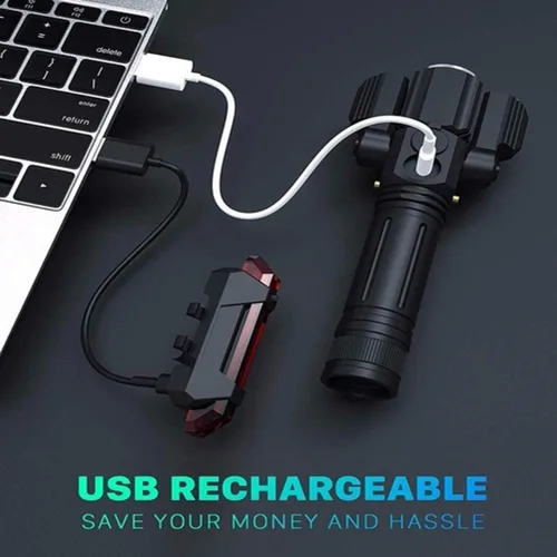 Vista 4 de L2LED Luces delanteras de bicicleta superbrillantes Linterna impermeable con cable USB y batería y clip y luz trasera (negro)